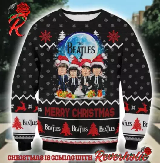 The Beatles Band Funny Members With Santa Hats Ugly Christmas Sweater