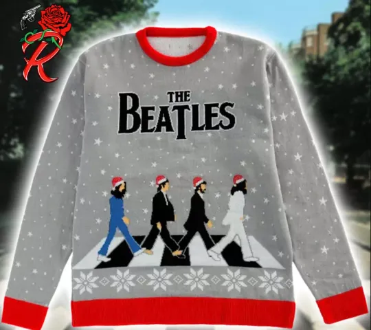 The Beatles Signature Abbey Road Band Members With Santa Hats Ugly Sweater