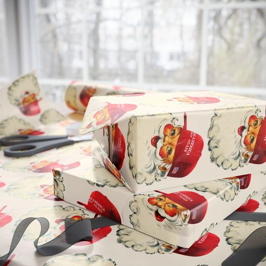 Trump Christmas gift wrap, Trump Santa Claus wrapping paper, Republican gifts, vintage Trump Santa Christmas gift paper Trump wrapping paper