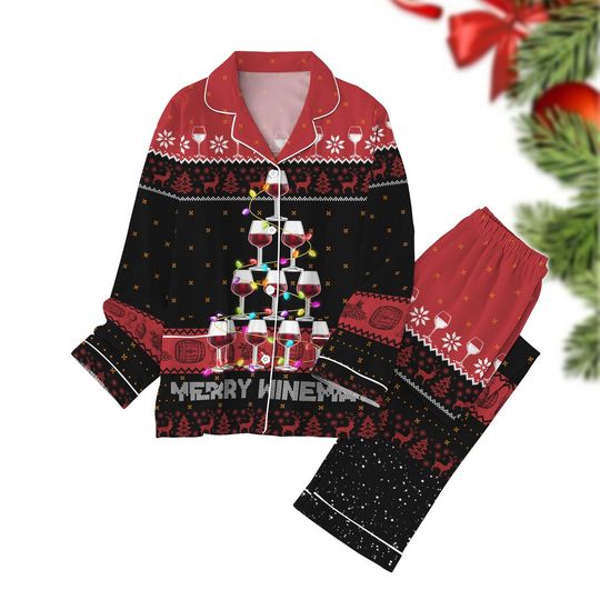 Red Wine Christmas Tree Pajamas, Drinking Holiday Pajamas, Christmas Lights Xmas Pajamas, Merry Winemas Shirt, Funny Christmas