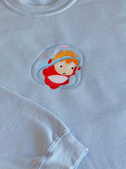 Studio Ghibli Ponyo Embroidered Sweatshirt - Cute Anime Fish Embroidery Crewneck