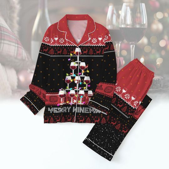 Christmas Red Wine Pajamas Set, Merry Winemas Holiday Pajamas, Wine Glasses Loungewear, Relaxing Nightwear, Wine Lover's Night Pants