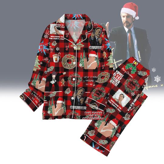 Hans Gruber Christmas Pajamas Set, Die Hard Movie Holiday Pajamas, Nakatomi Plaza Christmas Shirt, Christmas Party 1988 Xmas Pajamas