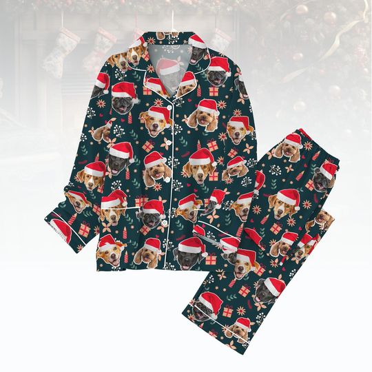 Personalized Pet Photo Pajamas Set, Custom Face Christmas Family Pajamas, Funny Christmas Gift For Pet Owners, Dog Lover Loungewear Set