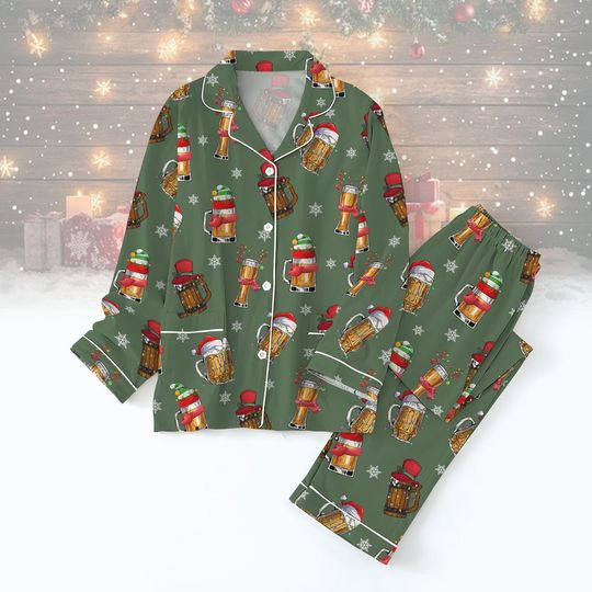 Christmas Santa Beer, Pajamas Set, Christmas Drinking Shirt, Cheer Xmas Holiday Pajamas, Beer Lover Gift, Men's Xmas Drinking Fleece Pa