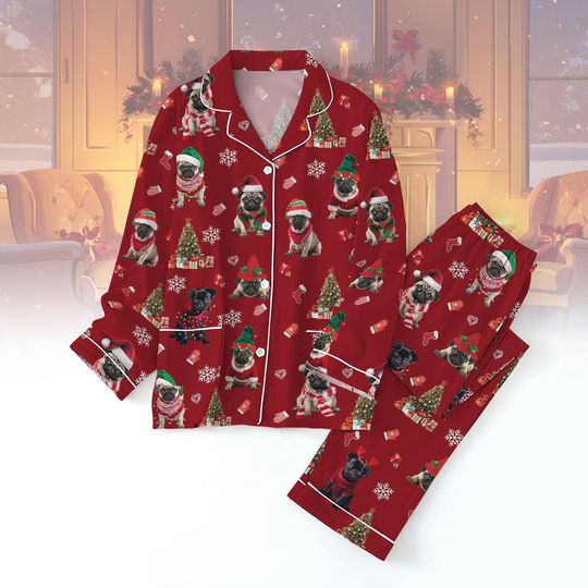 Pug Dogs Christmas Pajamas Set, Funny Pug Santa Hat Shirt, Pug Mom Xmas Holiday Pajamas, Dog Mom Family Pajamas, Dog Owner Gift