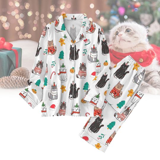 Christmas Cats Matching Family Pajamas, Cats Santa Hat Holiday Party, Meowy Xmas Lounge Wear, Cat Lover Gift, Gift For Family Matching