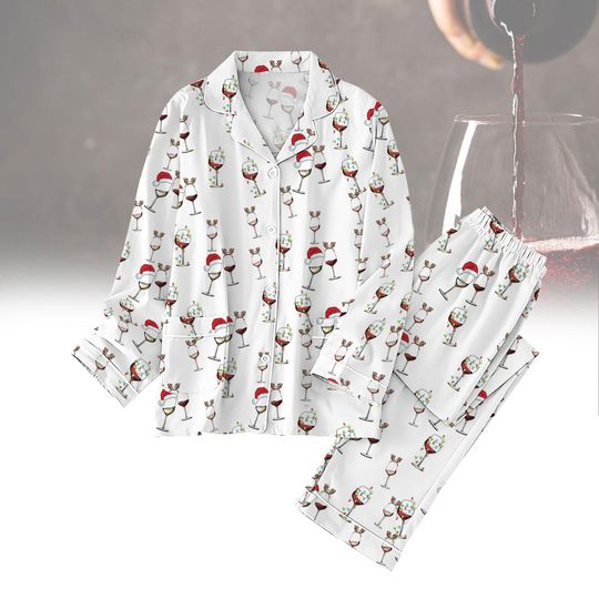 Wine Glass Christmas Pajamas, Wine Bottle Santa Pajamas Pants for Women, Relaxing Nightwear, Wine Lover's Night Pants, Wine Lover Gift
