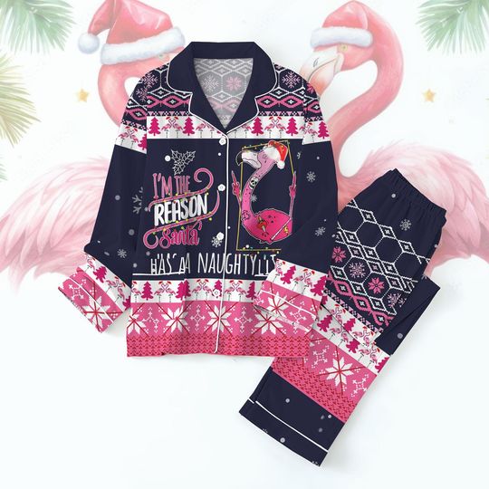 Christmas Flamingo Pajamas Set, Flamingo Xmas Light Pj Set, Funny Animal Holiday Family Pajamas, Has A Naughty List Loungewear