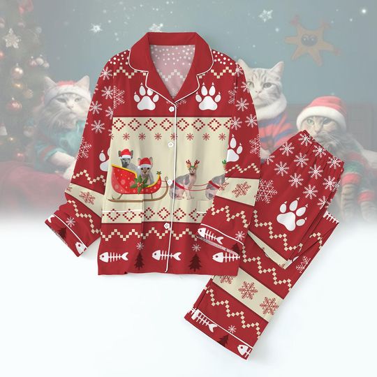Cat Christmas Pajamas Set, Meowy Christmas Holiday Pajamas, Funny Cat With Santa Claus Sleepwear, Cat Lover Gift, Winter Holiday Pajama