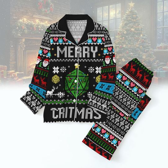 DnD Christmas Pajamas Set, Merry Critmas Holiday Pajamas, Dungeons And Dragons Sleepwear, Polyhedral Dice Xmas Shirt, DnD Fans Xmas Gif