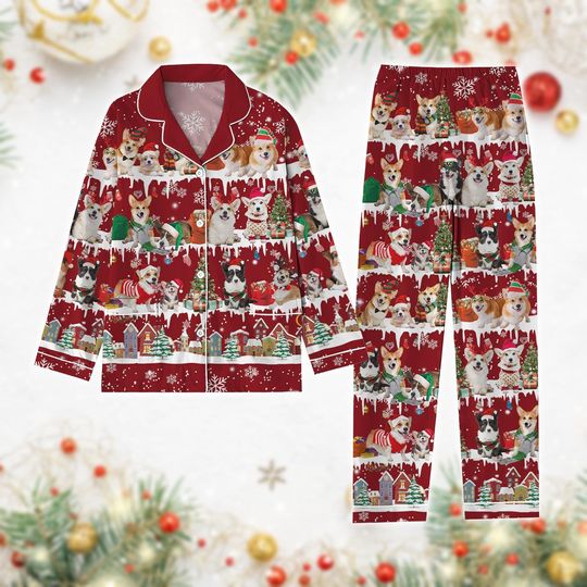 Corgi Dogs Christmas Thick Pajamas Set, Corgi Santa Hat Pajamas, Corgi Mom Xmas Family Pajamas, Winter Holiday Season Loungewear Set