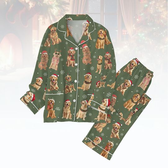 Golden Retriever Christmas Pajamas, Dog Santa Hat Holiday Pajamas, Golden Mom Xmas Pajamas Family, Dog Lover Gift For Kids