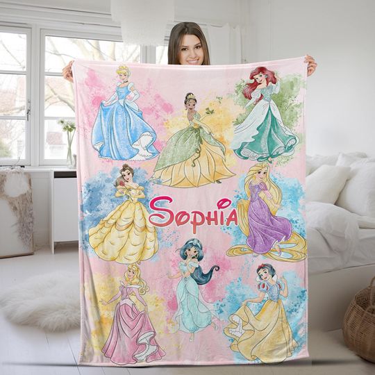 Personalized Watercolor Disney Princess Blanket, Custom Name Baby Blanket, Disney Princess Birthday Girl, WDW Disneyland Gift