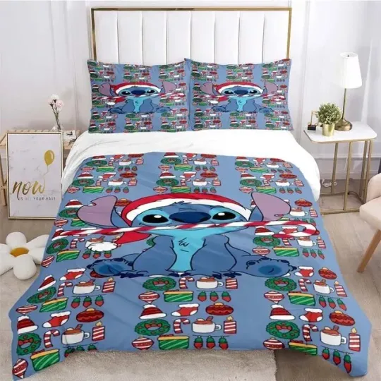 Santa Stitch Candy Cane Funny Christmas Party Gift Happy Holiday Bedding Set