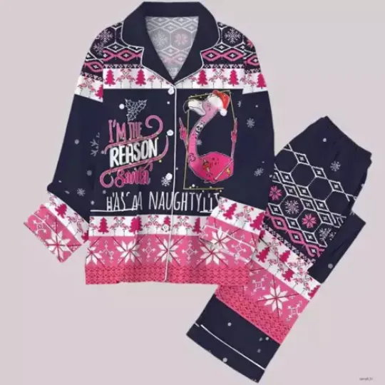 Flamingo I’m The Reason Santa Pajamas Set  Short Sleeve Unisex Size