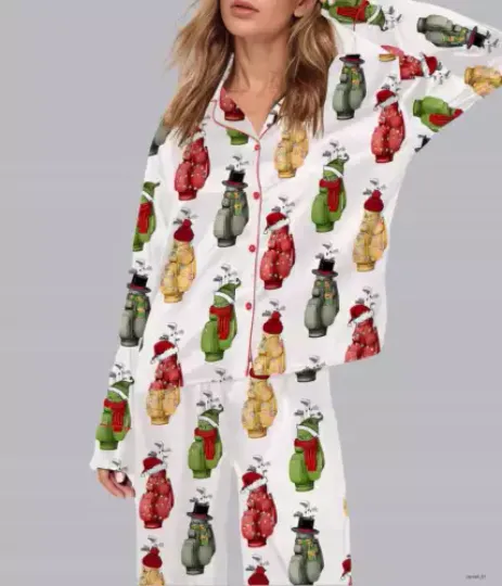 Christmas Golf Satin Pajama Set For Women  Short Sleeve Unisex Size