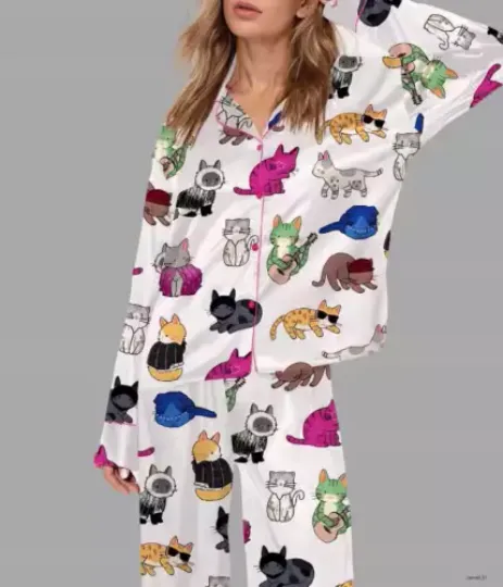Cat Lovers Satin Pajama Set For Women  Short Sleeve Unisex Size