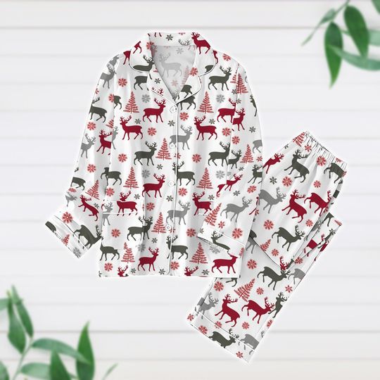 Christmas Reindeer Pajamas Set, Christmas Tree Holiday Pajamas, Xmas Pj Set Pants, Long Sleeve Pyjamas, Pajamas For Party, Xmas Gift