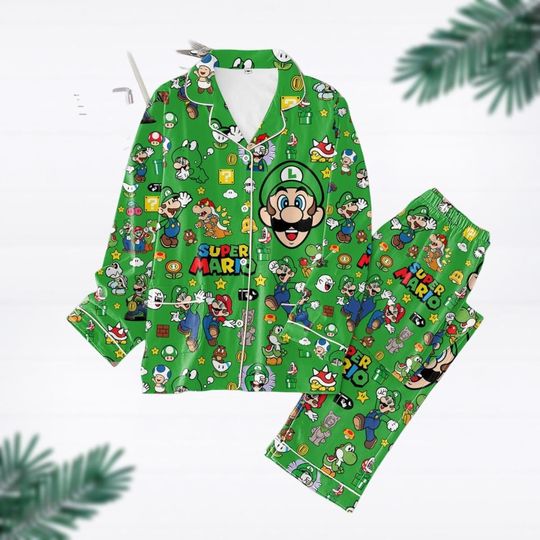 Luigi Pajamas Set, Super Mario Shirt, Mario Matching Pajamas Set, Mario Pajamas Kid Women Pjs, Christmas Gift, Gift For Fan