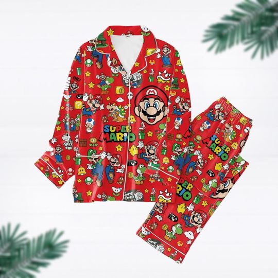Mario Pajamas Set, Super Mario Character Shirt, Yoshi Bowser Luigi Pajamas Set, Mario Kid Women Pjs, Christmas Gift, Gift For Fan