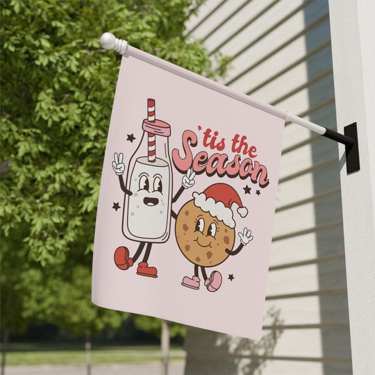 Retro Christmas Flag Cute Tis the Season Milk & Cookies House Flag | Christmas Decor | Christmas Gift