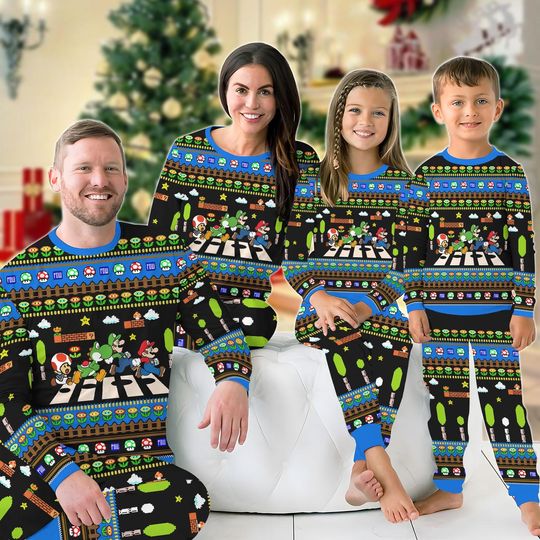 Super Mario Family Christmas Pajamas, Video Game Holiday Pajamas, Yoshi Mario Luigi Funny Xmas Shirt, Family Matching Pajamas