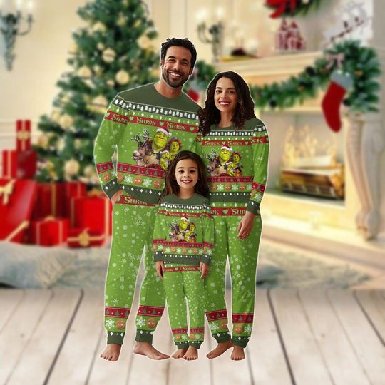 Shrek Family Christmas Pajamas, Fiona And Shrek Matching Pajamas Set, Meme Holiday Pajamas, Funny Santa Claus Kids Christmas Pjs