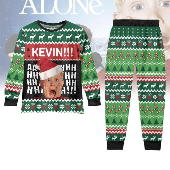Kevin Home Alone Christmas Pajamas, Comedy Movie Long Sleeve Pajamas Set, Kevin Battle Plan Map Shirt, Family Christmas Pajamas