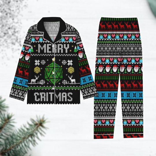 Christmas DnD Pajamas Set, Dungeons And Dragons Pajamas, Dice Xmas Pajamas, Gaming Dungeon Master Gift, Merry Critmas Pj Set