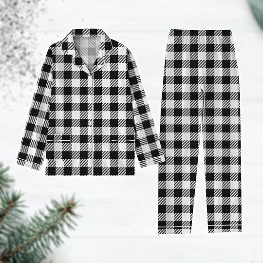 Buffalo Plaid Christmas Pajamas, Black White Plaid Xmas Pajamas, Christmas Winter Pajama Set, Matching Christmas Pjs, Christmas Gift