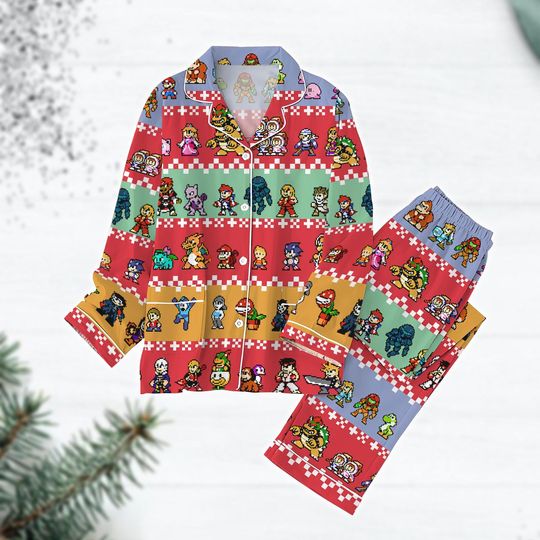 Super Mario Christmas Pajamas, Mario Characters Pajamas Set, Video Game Xmas Pajamas, Winter Holiday Gift, Gift For Him