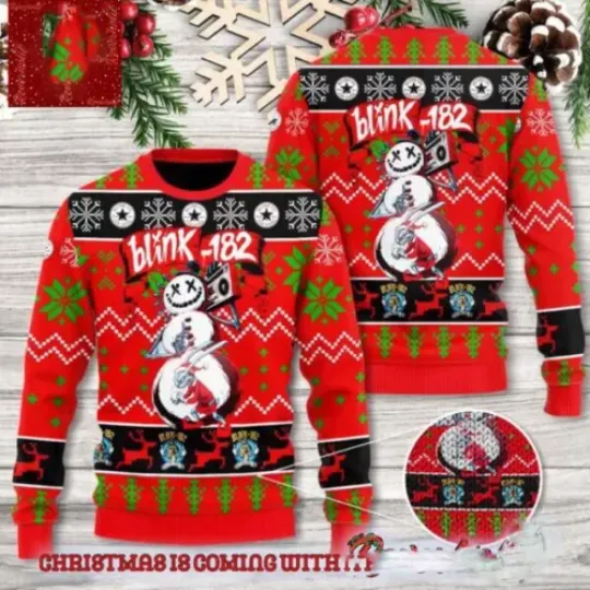 B182 Funny Snowman And Santa Rabbit Red Ugly Christmas Sweater