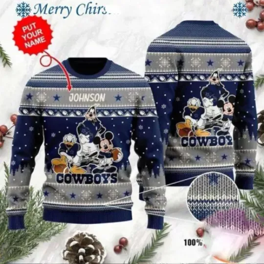 Personalized football Dallas Cowboys Disney Mickey Goofy Christmas Ugly Sweater