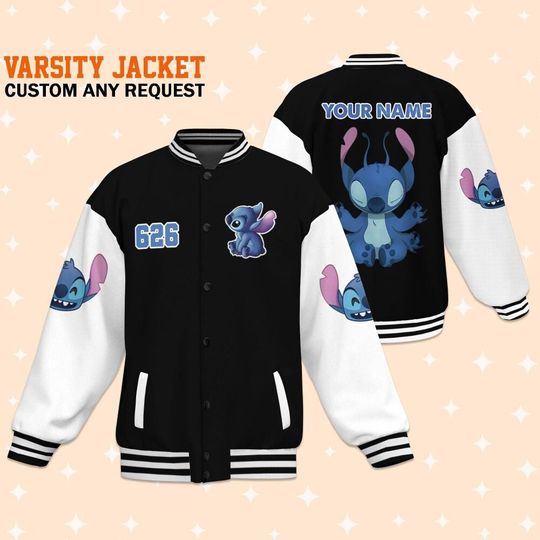 Personalize Stitch Yoga Black, Personalized Disney Jacket, Baseball Team Outfit, Disney Uniform Varsity