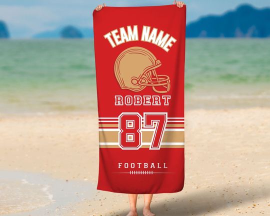 Custom Football Lover Beach Towel with Name, Father and Son Game Day Set, Custom Sports Mom Beach Towel, Baby Beach Towel, Summer Vacation