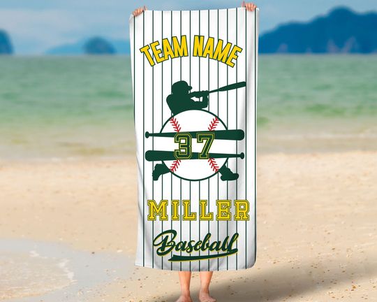Custom Baseball Beach Towel with Name & Number, Game Day Gift for Son, Personalized Sports Mom Beach Towel, Baseball Lover Baby Pool Towel