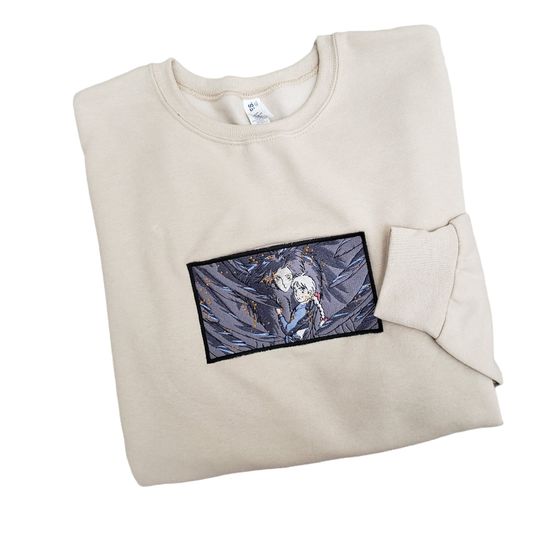 Anime Fantasy Castle Couple Embroidered Sweater Sweatshirt Beige | Steampunk Kawaii Anime Sweatshirt Flying Magic Castle Embroidered Sweater