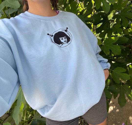 Embroidered Alien Sweatshirt | Original Design Embroidered Crewneck Sweatshirt | Unisex Indie Clothes Trippy Hoodie 70s Clothes Space Vibes