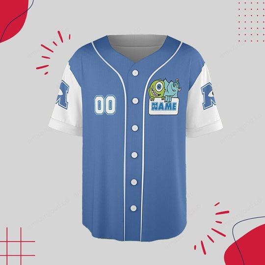 Custom Mike and James in Monsters Inc Baseball Jersey, Monsters Inc Jersey Shirt, Pixar Monsters Inc Baseball Shirt, Baseball Jersey Shirt