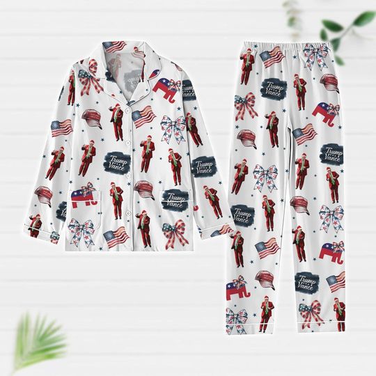 Coquette Bow Trump Pajamas Set, Trump Vance Pajamas, Republican Xmas Pajamas, Trump America Flag Christmas Shirt, Trump Supporter Shirt