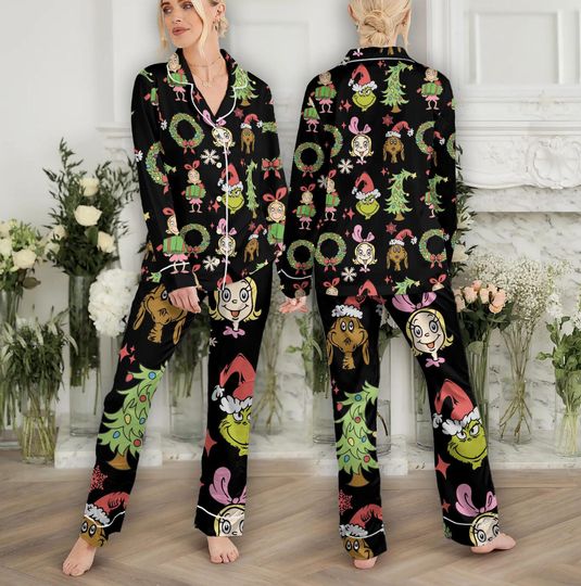 The funny character Christmas Pajamas Set Family, Cindy Lou Who Max Dog funny character Pajamas Set, Whoville University, Merry Grin Pajamas Set Women