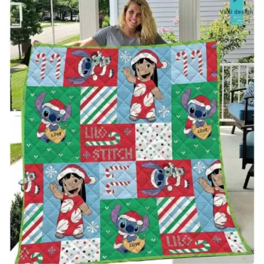 Festive Christmas With Lilo And Stitch Merry And Bright Xmas Gift Quilt Blanket