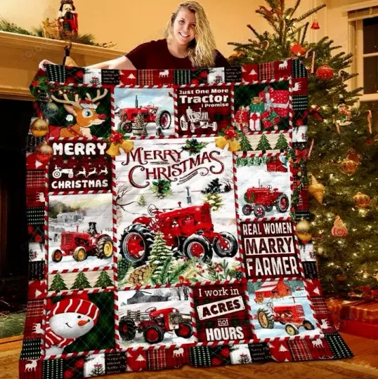 Merry Christmas Tractor Quilt  Blanket
