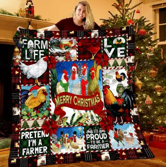 Merry Christmas Rooster Quilt Blanket