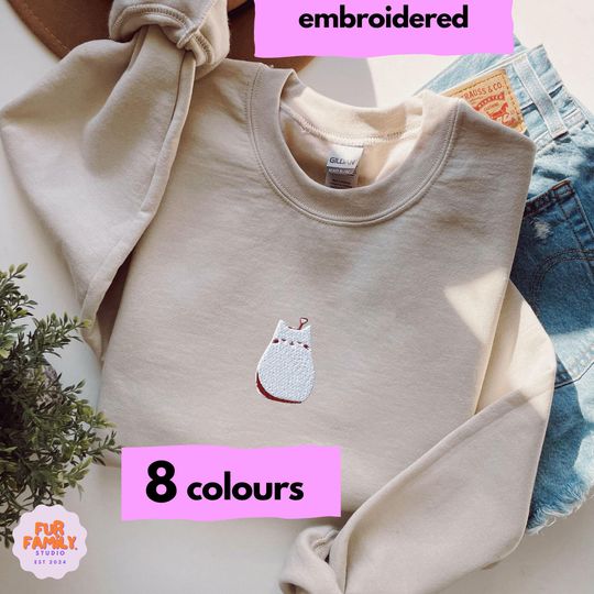 Cute Cat Planter Pot Embroidered Sweatshirt, Cool Cat Embroidery Kawaii Plant Mom Crewneck, Funny Minimal Streetwear Sweater, Cat Lover Gift