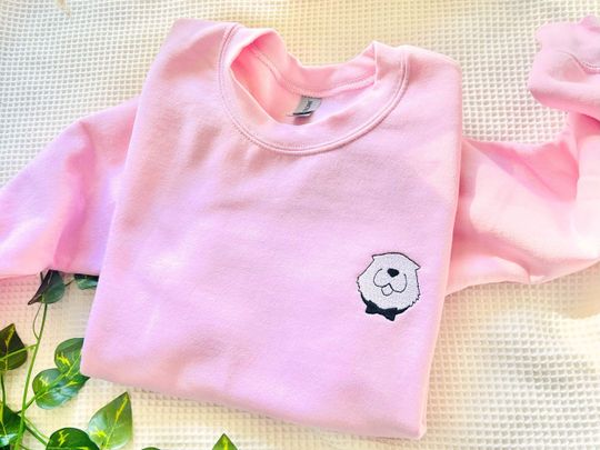 White Dog with Bow Tie Anime Embroidered Sweater. Minimalist Anime/Manga Crewneck.