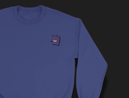 poket mons-Inspired Crewneck Sweatshirt | Minimalist Embroidered Gengar Design | Unisex Anime Sweater | Subtle poket mons Merch