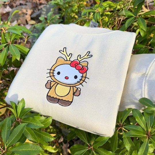 Kitty Reindeer Christmas Embroidered Sweatshirt, Hello Kitty Shirt, Kawaii Anime Sweatshirt, Holiday Gift, Cute Cat Shirt, Xmas Hoodie