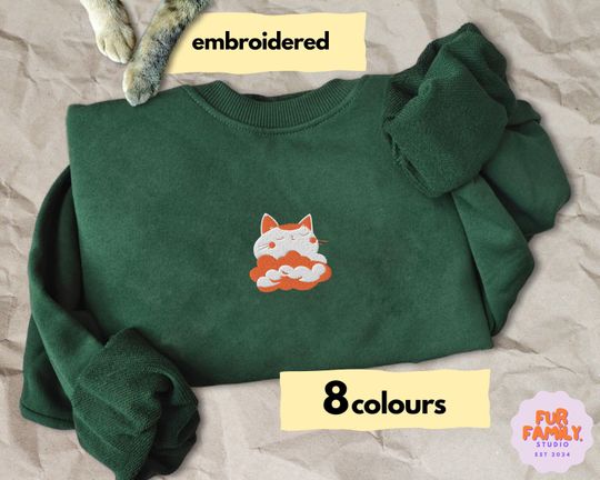 Cute Cat Cloud Embroidered Sweatshirt, Cool Cat Embroidery Kawaii Anime Crewneck, Funny Minimalist Streetwear Sweater, Cat Lover Mom Gift